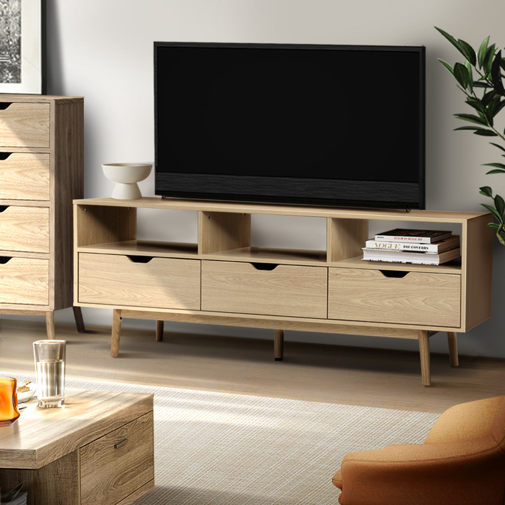 Artiss Wooden Scandinavian Entertainment Unit in Natural finish with tapered rubber wood legs and open shelves.