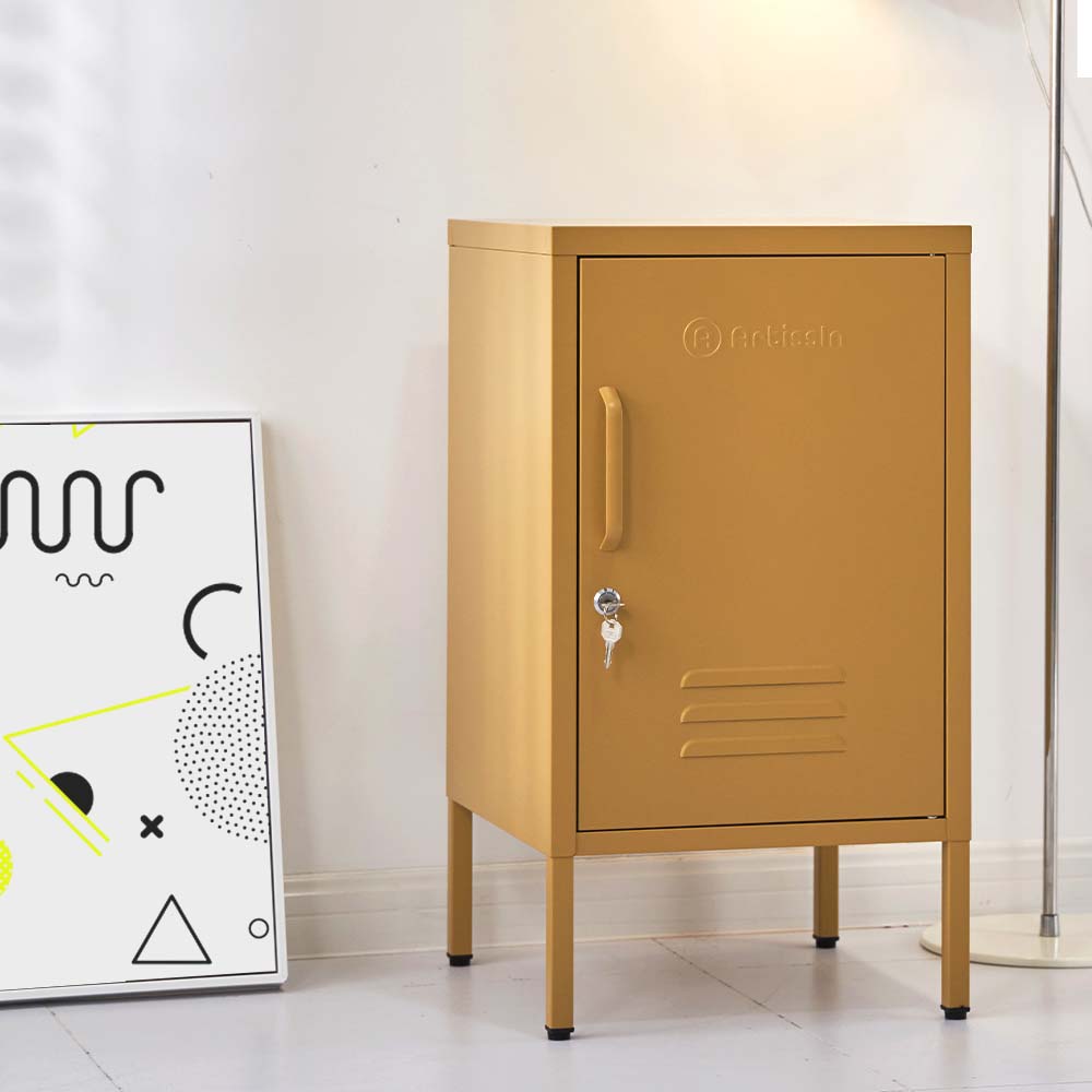 ArtissIn Mini Metal Locker in vibrant yellow, showcasing its stylish design and spacious storage capabilities.