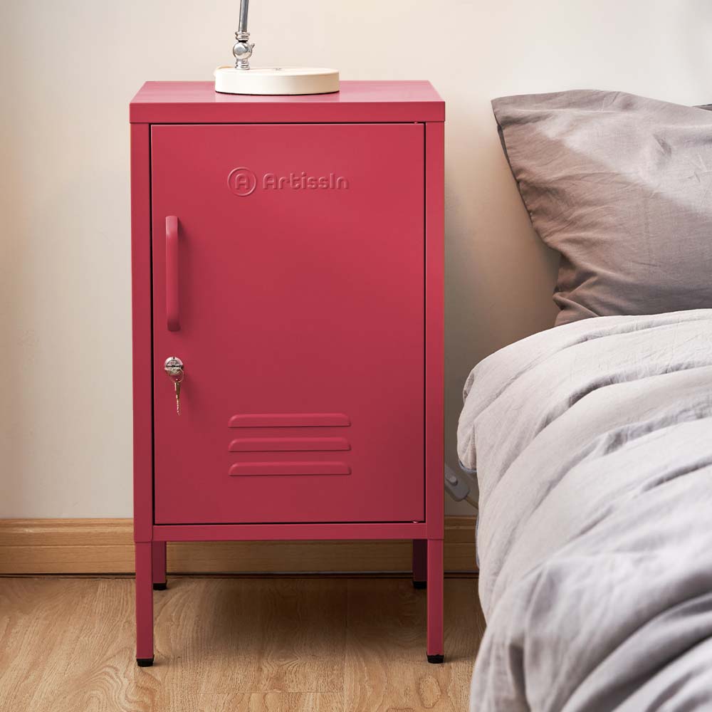 ArtissIn Mini Metal Locker in pink, showcasing its stylish design and spacious interior, perfect for bedroom storage.