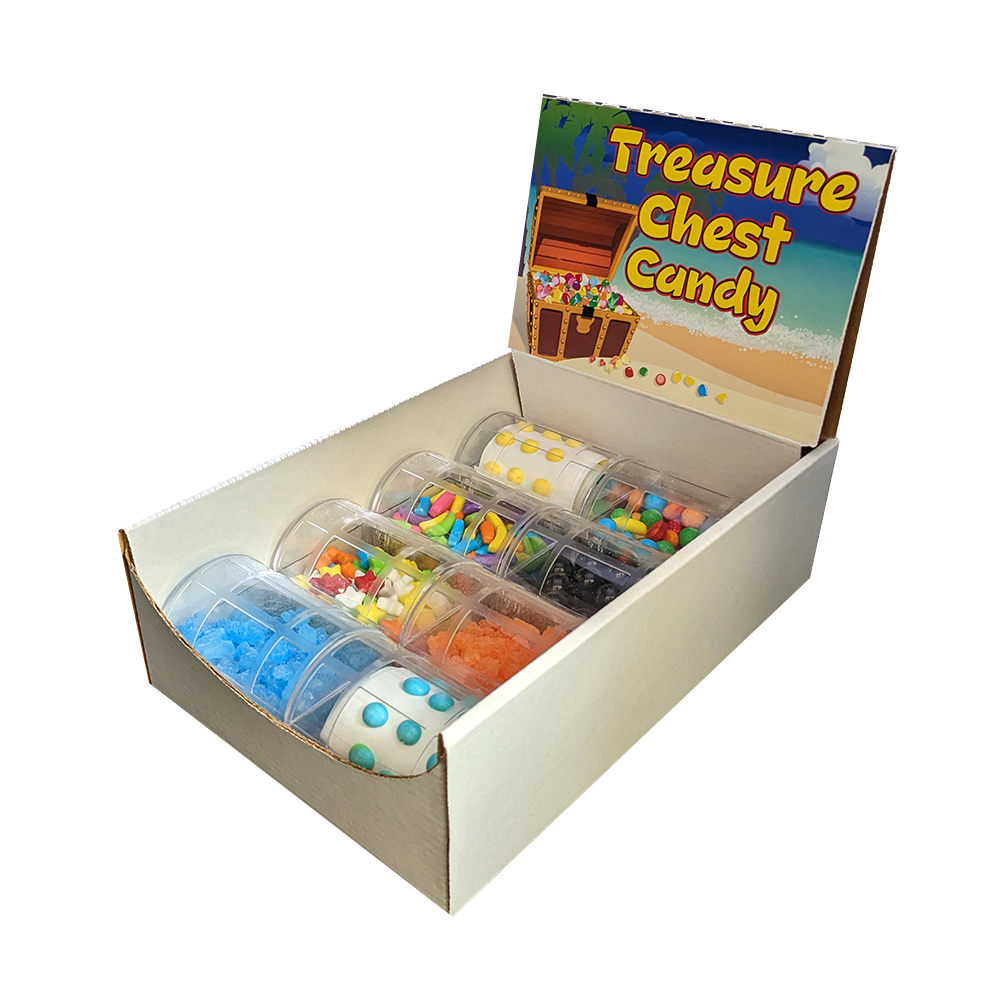 A display of 8 assorted candy crystal boxes shaped like treasure chests, filled with colorful candies including Bananamania, Candy Stars, and more.