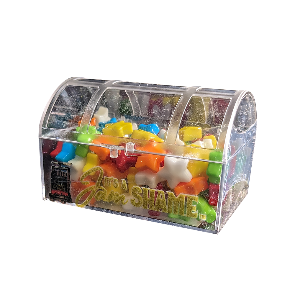 A display of 8 assorted candy crystal boxes shaped like treasure chests, filled with colorful candies including Bananamania, Candy Stars, and more.