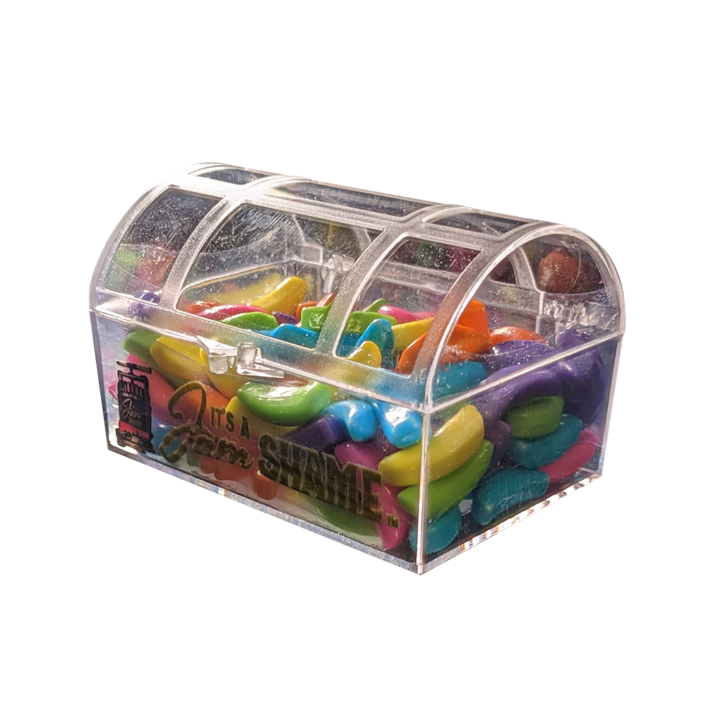 A display of 8 assorted candy crystal boxes shaped like treasure chests, filled with colorful candies including Bananamania, Candy Stars, and more.