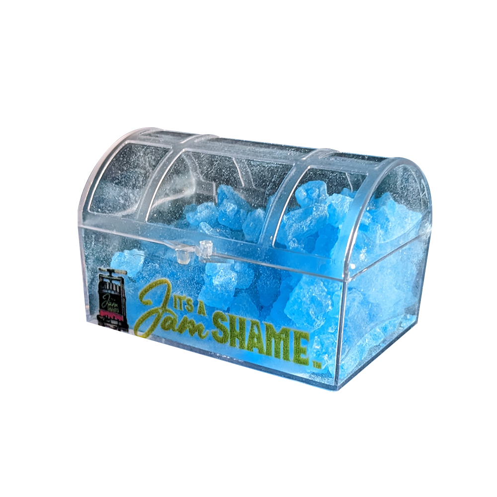 A display of 8 assorted candy crystal boxes shaped like treasure chests, filled with colorful candies including Bananamania, Candy Stars, and more.