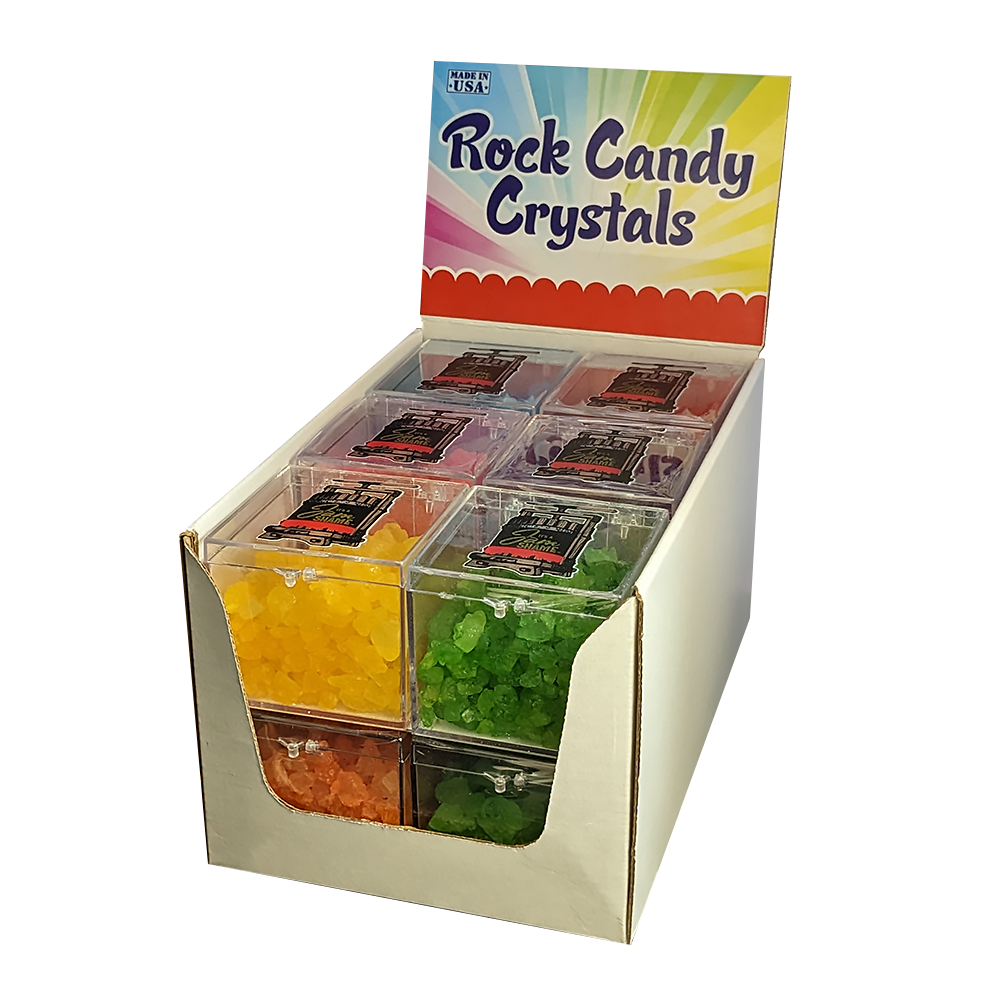 A display of 12 assorted rock candy crystal boxes, showcasing vibrant colors and flavors, perfect for gifts and celebrations.