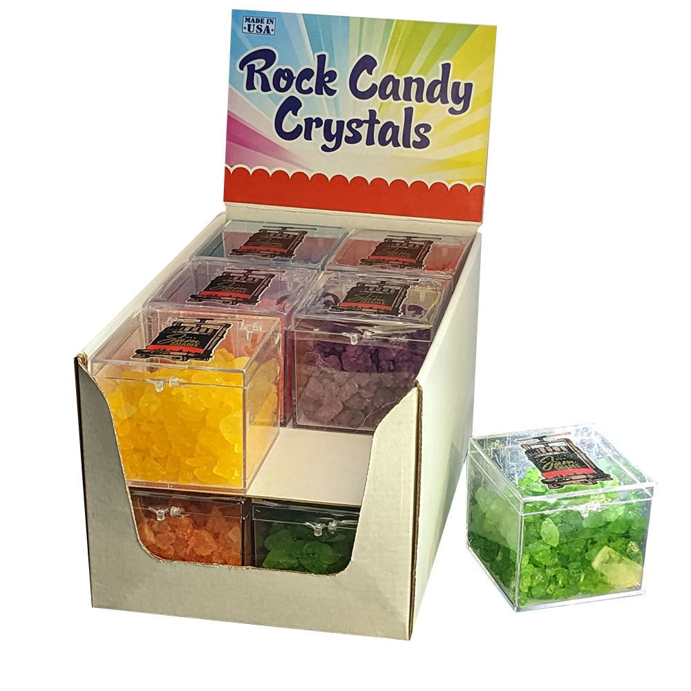 A display of 12 assorted rock candy crystal boxes, showcasing vibrant colors and flavors, perfect for gifts and celebrations.