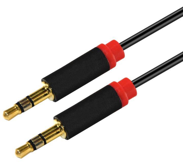ASTROTEK 2m Stereo 3.5mm Flat Cable in black with red mold, showcasing male connectors for audio input extension.