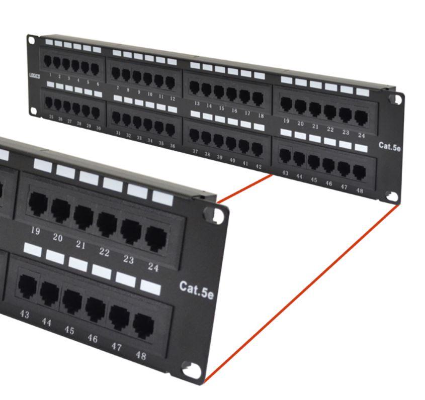 ASTROTEK 48 Ports UTP Patch Panel CAT5e RJ45 mounted in a 19' rack, showcasing its sleek black design and multiple ports.