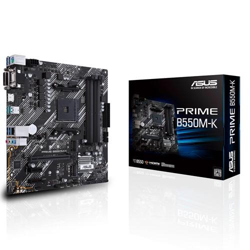 ASUS AMD B550 PRIME B550M-K micro ATX motherboard with dual M.2 slots and PCIe 4.0 connectivity.