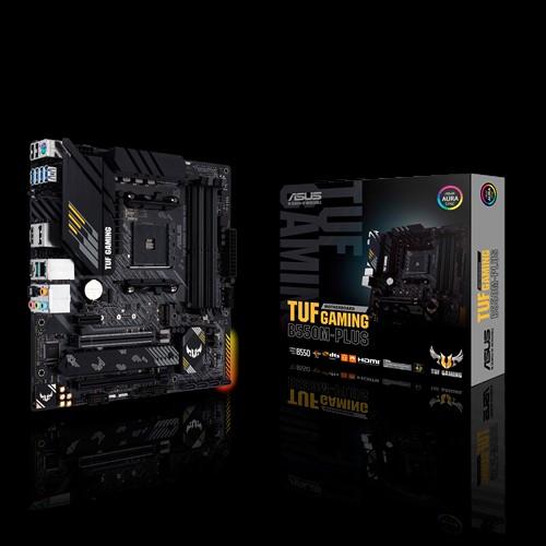 ASUS AMD B550 TUF GAMING B550M-PLUS motherboard showcasing its advanced features and design, including PCIe slots and cooling solutions.