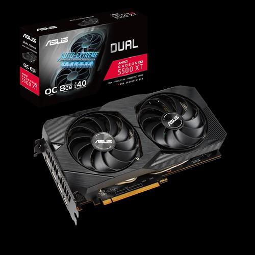 ASUS AMD Dual Radeon RX 5500 XT EVO OC graphics card with dual fans and sleek design, showcasing its 8GB GDDR6 memory and multiple output ports.