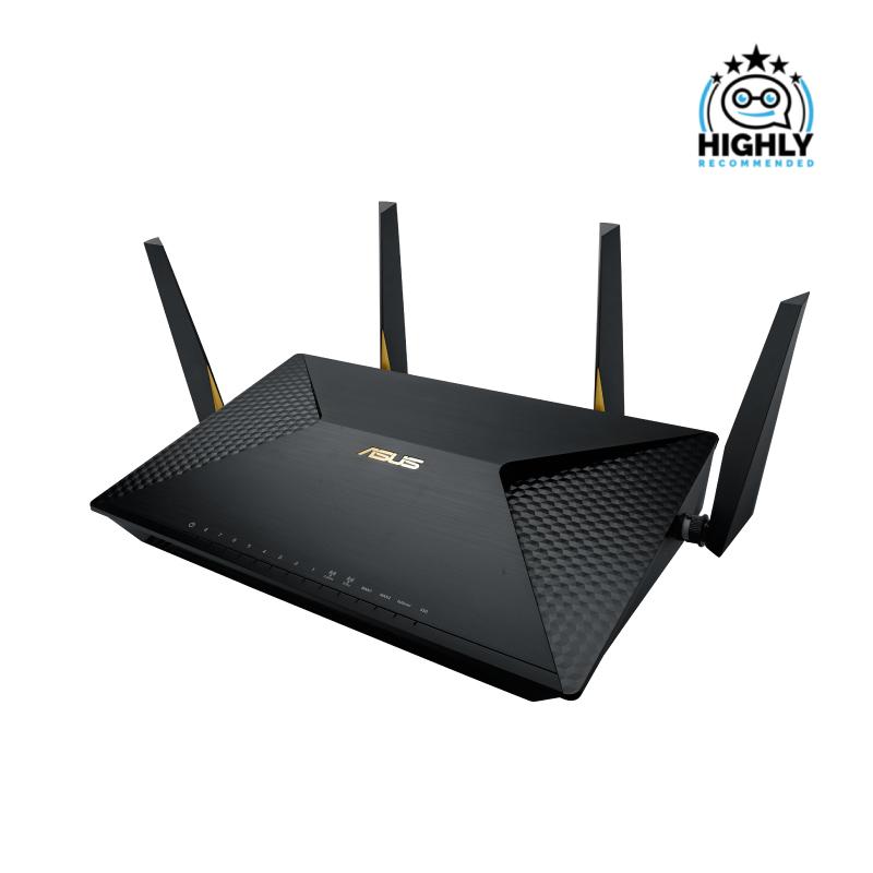 ASUS BRT-AC828 AC2600 Dual-WAN VPN Wireless Business Router with sleek design and multiple ports for connectivity.
