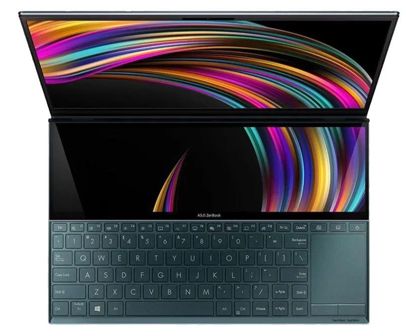ASUS ZenBook Duo UX481FL 14' FHD Touch Notebook with Intel i5 processor, showcasing its sleek design and dual-screen functionality.