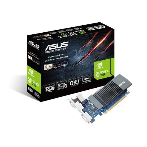 ASUS nVidia GT 710-SL-1GD5-BRK PCI Express Graphic Card with fanless design, showcasing its compact size and multiple output ports.