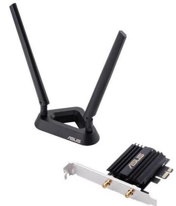 ASUS PCE-AX58BT AX3000 Dual Band Wi-Fi 6 PCI-E Adapter with external antennas for enhanced connectivity.