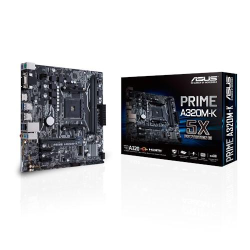 ASUS Prime A320M-K AMD AM4 uATX motherboard with LED lighting and multiple connectivity options.