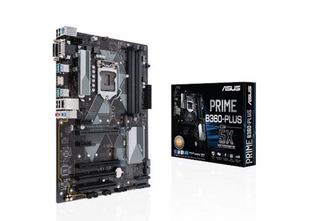 ASUS PRIME B360-PLUS/CSM ATX motherboard showcasing its features including DDR4 slots and M.2 connectors.