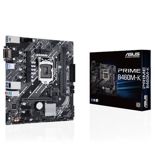 ASUS PRIME B460M-K mATX Motherboard with Intel LGA 1200 socket and M.2 support, showcasing its compact design and connectivity options.