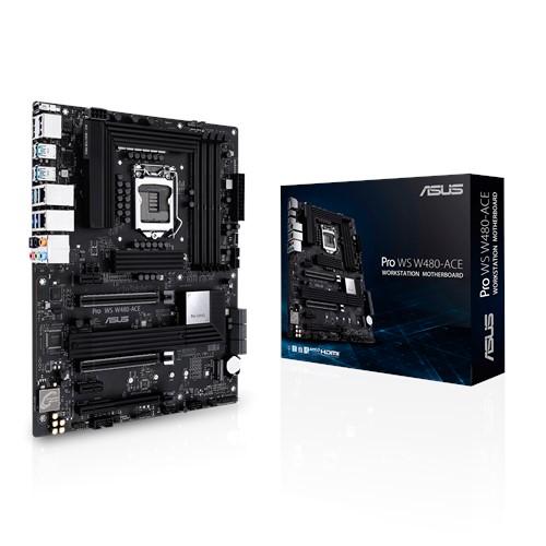 ASUS PRO WS W480-ACE ATX workstation motherboard with LGA 1200 socket and dual Thunderbolt 3 ports, designed for Intel Xeon processors.