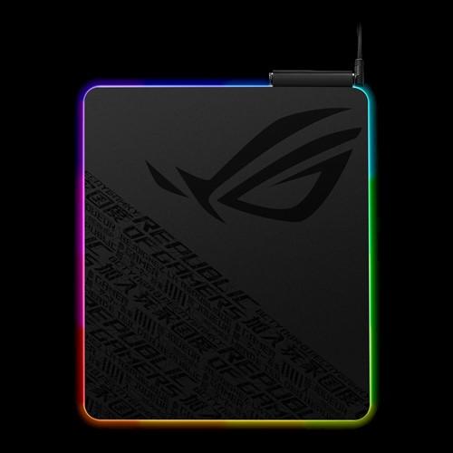 ASUS ROG Balteus Gaming Mouse Pad featuring 15-zone Aura Sync RGB lighting and a portrait design with a nonslip rubber base.