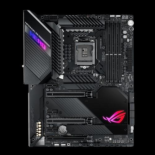 ASUS ROG Maximus XII Hero motherboard with sleek design and advanced cooling features, showcasing multiple ports and RGB lighting.
