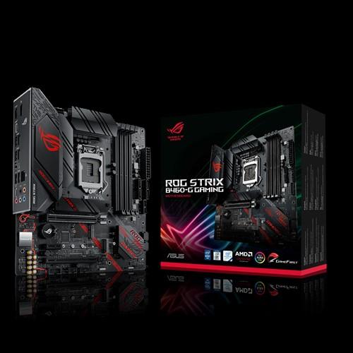 ASUS ROG Strix B460-G Gaming motherboard with red and black design, showcasing ports and slots for gaming setup.