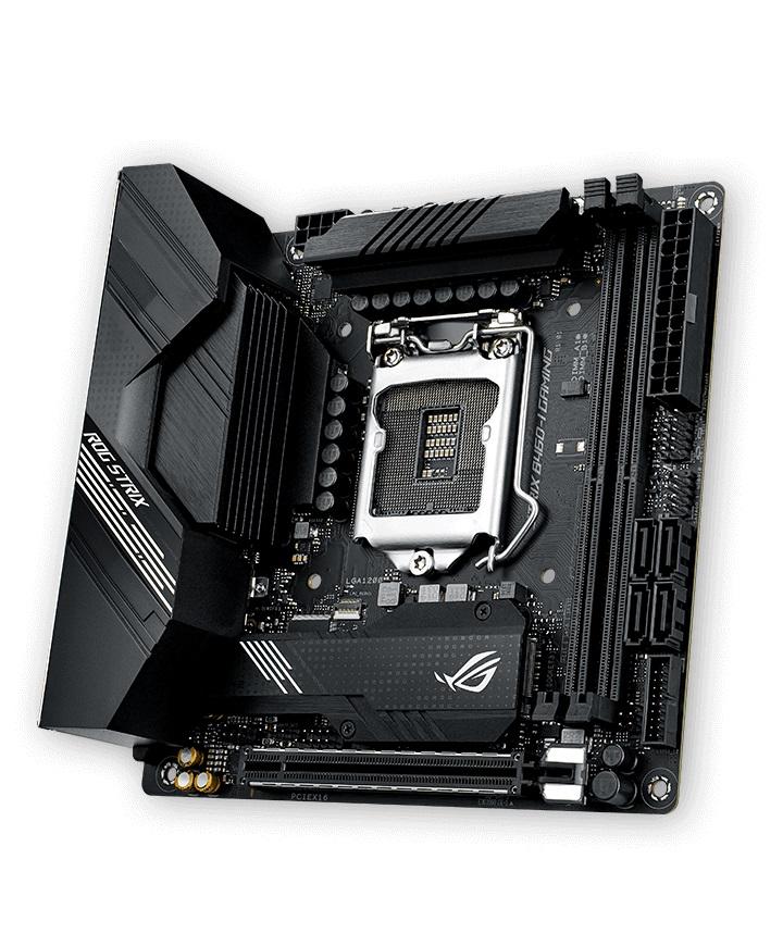 ASUS ROG Strix B460-I Gaming motherboard showcasing its compact design and advanced features for gaming.