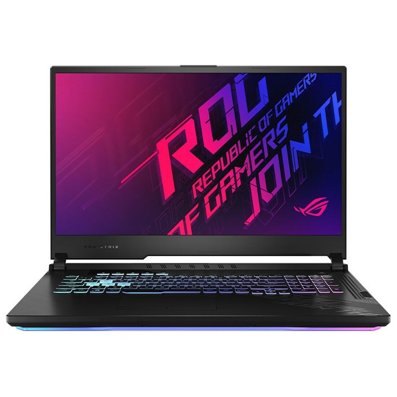 Asus ROG Strix G17 gaming laptop with a 17.3-inch FHD display, Intel i7 processor, and RGB backlit keyboard.