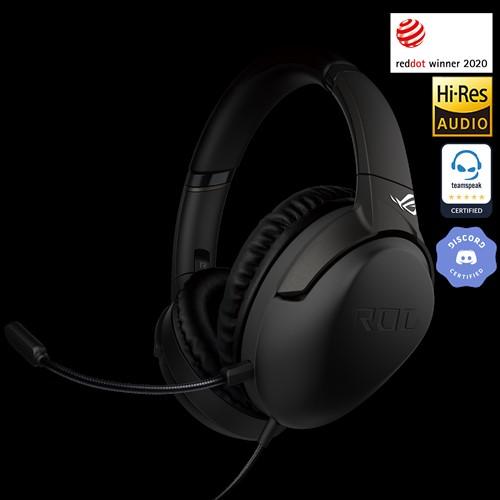 ASUS ROG STRIX GO CORE 3.5mm Gaming Headset with foldable design and detachable microphone, showcasing its lightweight build and sleek aesthetics.