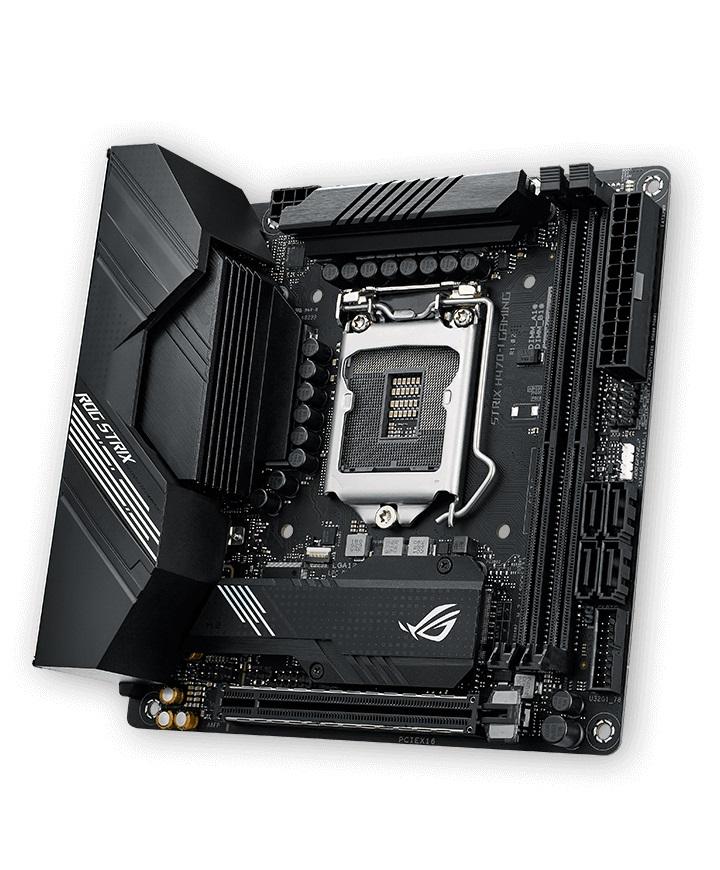 ASUS ROG Strix H470-I Gaming motherboard with LGA1200 socket and advanced cooling features, showcasing its sleek design and connectivity options.