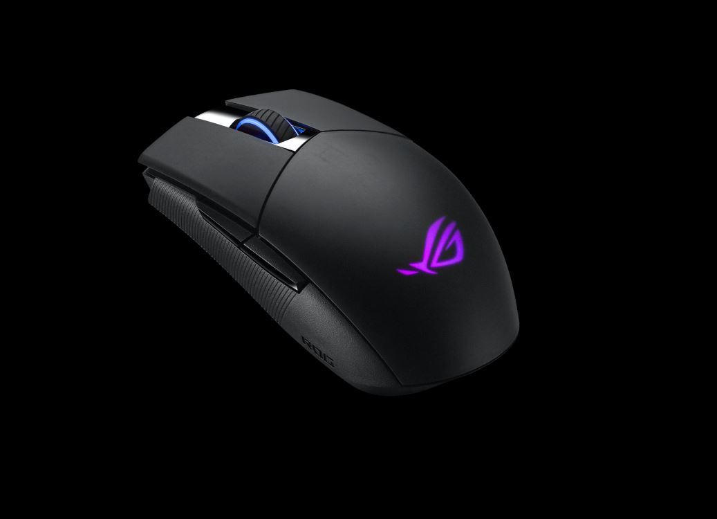 ASUS ROG Strix Impact II Wireless gaming mouse with RGB lighting and ergonomic design.