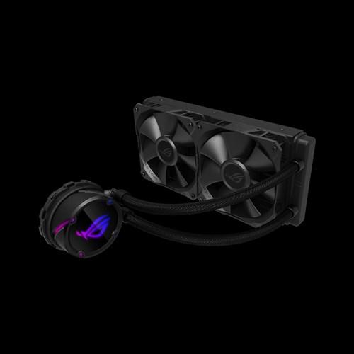 ASUS ROG Strix LC 240 All-in-One Liquid CPU Cooler with RGB lighting and dual fans, showcasing its sleek design and reinforced tubing.