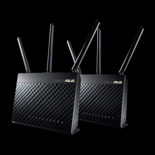 ASUS RT-AC68U AiMesh Pack showcasing two routers designed for whole home WiFi coverage.