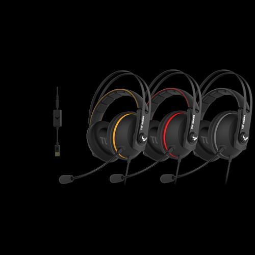 ASUS TUF GAMING H7 RED headset showcasing its sleek design, stainless-steel headband, and comfortable ear cushions.