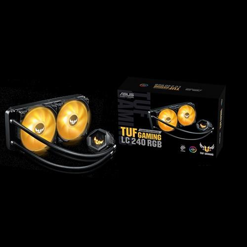 ASUS TUF Gaming LC 240 RGB Liquid CPU Cooler with dual RGB fans and Aura Sync support, showcasing its sleek design and durable tubing.