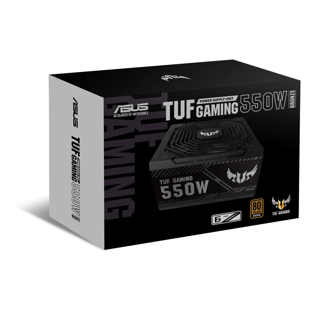 ASUS TUF Gaming 550W Power Supply with dual ball fan and sleeved cables, showcasing military-grade components and 80 PLUS Bronze certification.