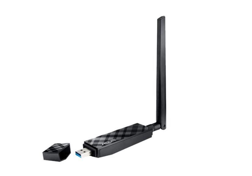 ASUS USB AC56 Dual-Band AC1300 Wireless USB Adapter with external antenna and USB 3.0 connection, designed for high-speed wireless networking.