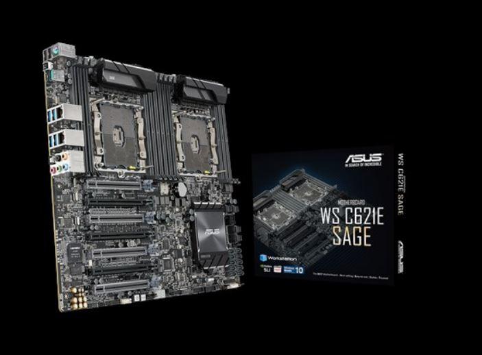 ASUS WS C621E SAGE motherboard showcasing LGA 3647 socket, 12 DIMM slots, and multiple PCIe expansion slots.