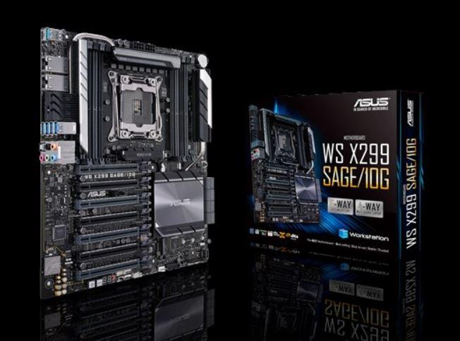 ASUS X299 SAGE/10G WS ATX motherboard showcasing quad-GPU support, multiple connectivity options, and advanced cooling features.
