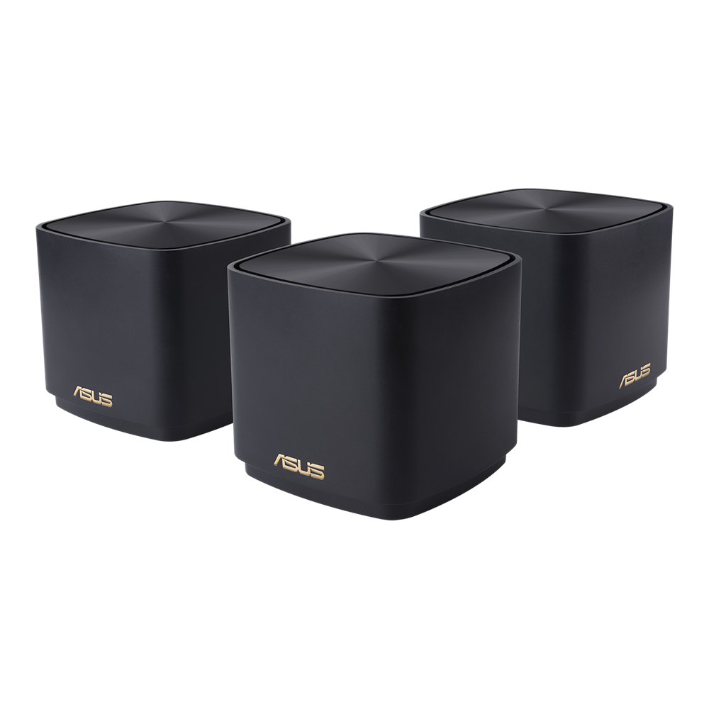 ASUS ZenWiFi AX Mini XD4 AX1800 Wifi 6 Dual-Band Whole-Home Mesh Routers in black, showcasing three units for extensive home coverage.