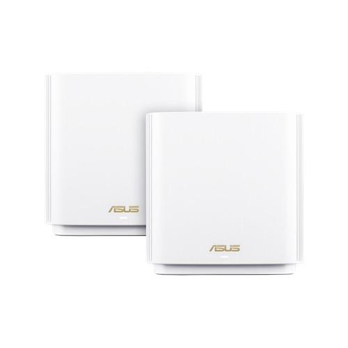 ASUS ZENWIFI XT8 AX6600 Wifi 6 Tri-Band Whole-Home Mesh Routers in white, showcasing sleek design and dual-pack setup.