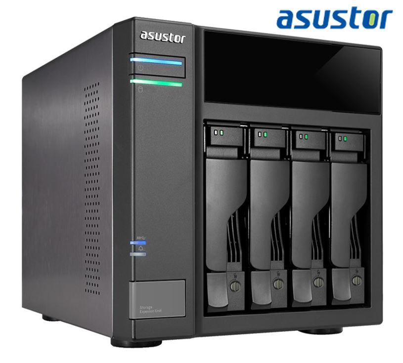 ASUSTOR AS6004U 4-bay expansion box with USB3.0 support, showcasing its sleek design and multiple drive bays.