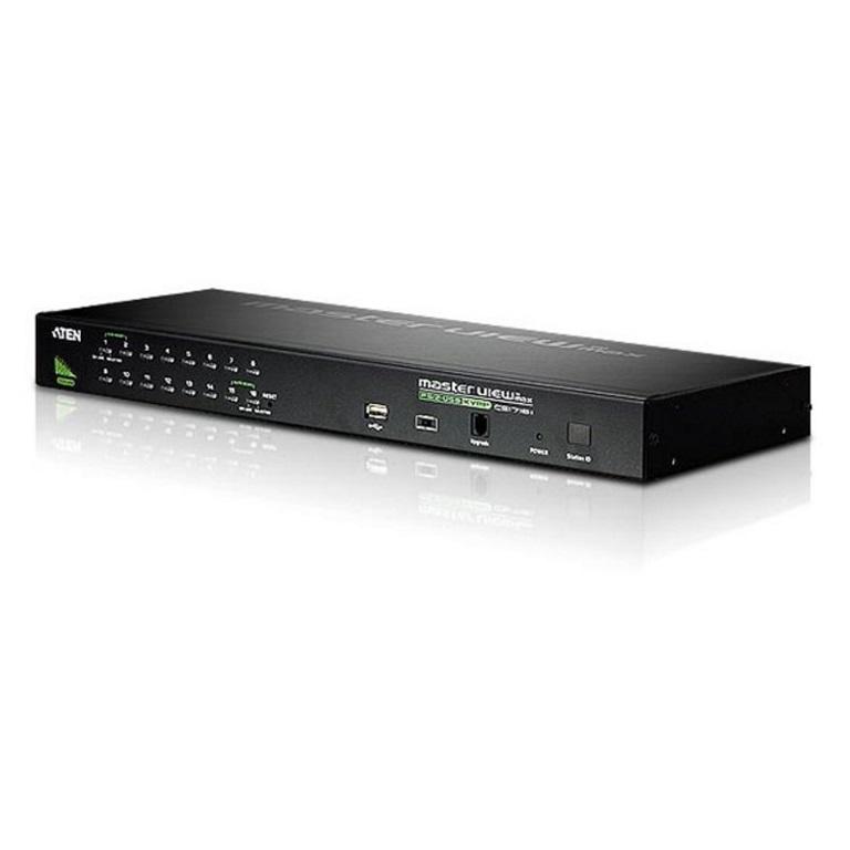 Aten 16 Port Rackmount USB-PS/2 VGA KVMP Switch with USB 2.0 Hub, showcasing its multiple ports and robust design.