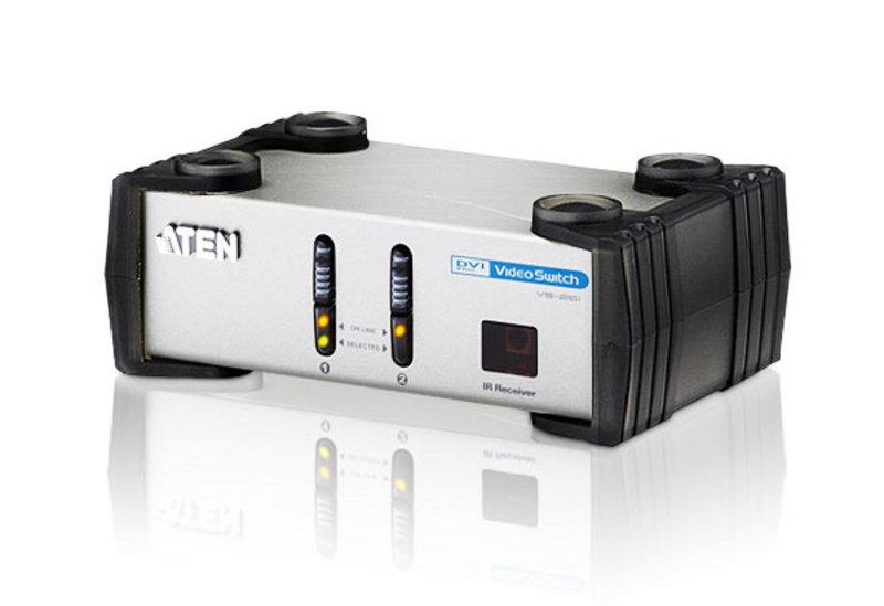ATEN 2 Port DVI Video Switch with RCA, featuring front panel buttons and IR remote control for easy switching between devices.