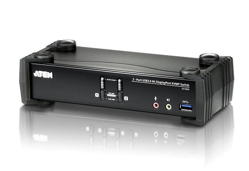 Aten 2 Port USB 3.0 4K DisplayPort KVMP Switch with two computer connections and USB ports.