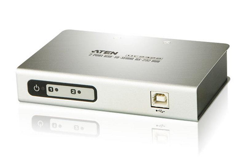 ATEN 2 Port USB to RS232 Converter with 1.8m cable, featuring dual ports for connecting serial devices to USB.