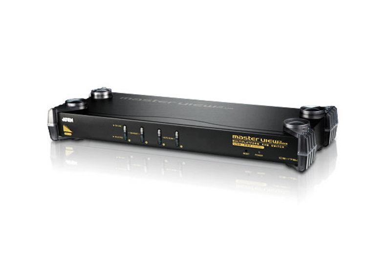 Aten 4 Port PS/2-USB VGA KVM Switch with audio support, showcasing its ports and compact design.