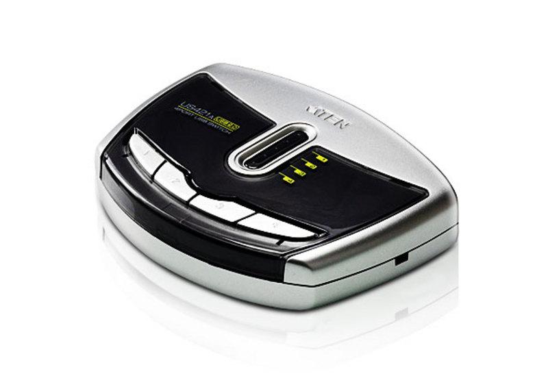 ATEN 4 Port USB 2.0 Peripheral Switch with multiple USB ports and pushbuttons for easy device sharing.