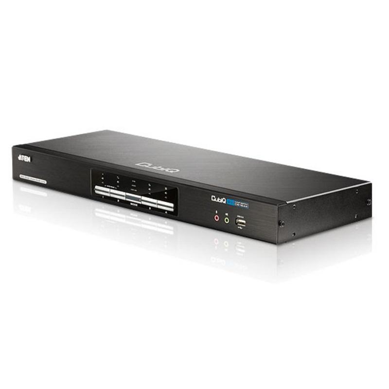 Aten 4 Port USB Dual-View DVI KVMP Switch with dual DVI ports and USB hub, showcasing its sleek design and multiple connectivity options.