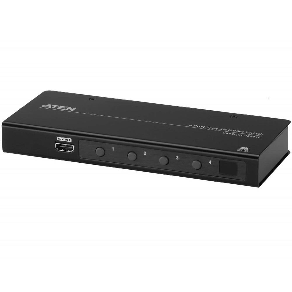 ATEN 4-Port True 4K HDMI Switch with multiple HDMI ports and sleek design, ideal for connecting various devices to a single display.