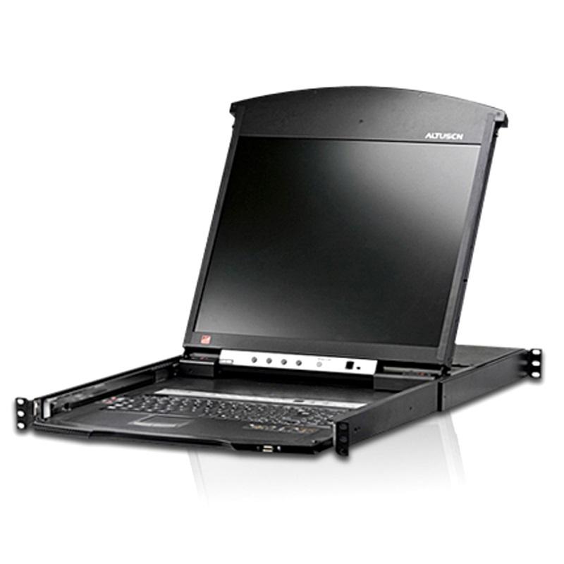 ATEN 8 Port Dual Rail KVM Switch with integrated LCD monitor, keyboard, and touchpad in a compact rack-mountable design.